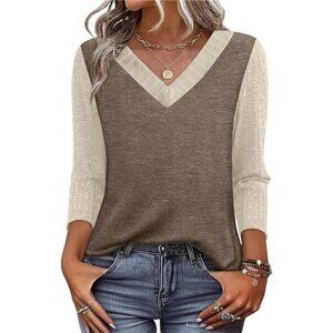 Women’s 3/4 Sleeve Dressy Casual Top – Beige & Brown Color Block Fall Shirt